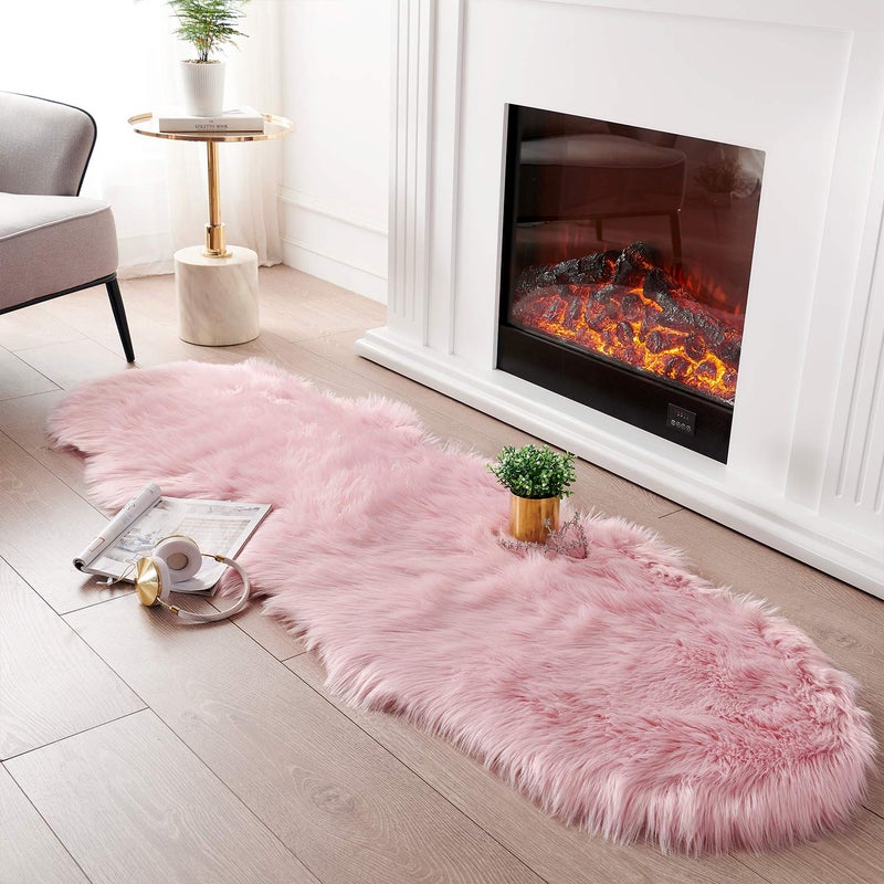 SERISSA Ultra Soft Fluffy Pink Faux Sheepskin Fur Shaggy Couch Cover Furry Carpet for Kids Room Fuzzy Plush Rug for Bedroom Living Room Runner, 2x6 Feet (Sheepskin Shape,Pink) - Image 1